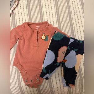Carter's Coral Pink Pear Applique Bodysuit and Navy Fruit Leggings